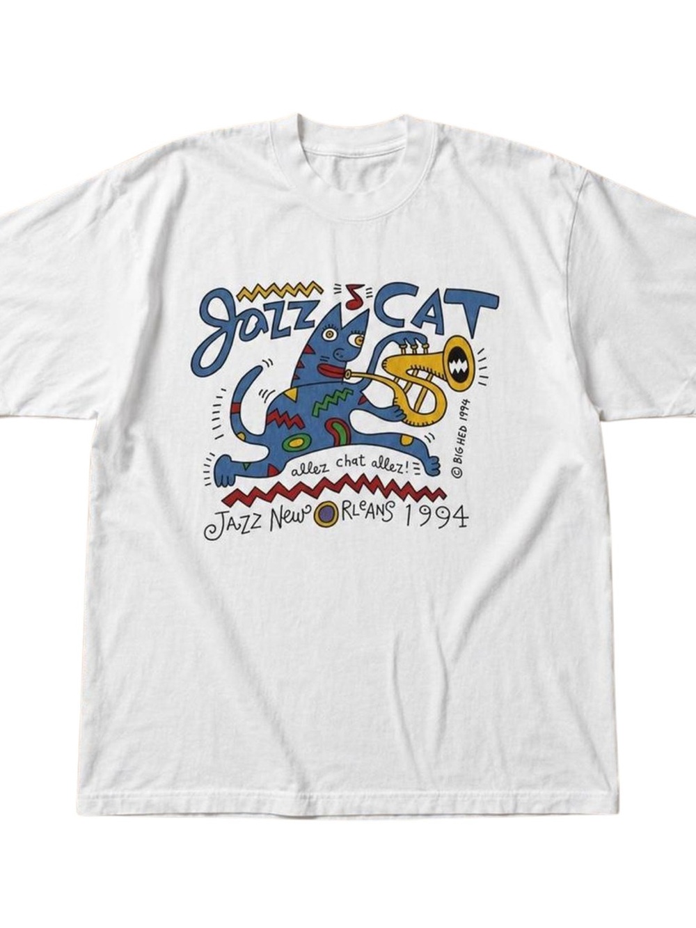 Gildan White Jazz Cat Graphic Tee with Blue Cat and Yellow Trumpet